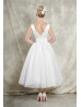 Ivory Satin Polka Dots Tulle V Back Tea Length Wedding Dress